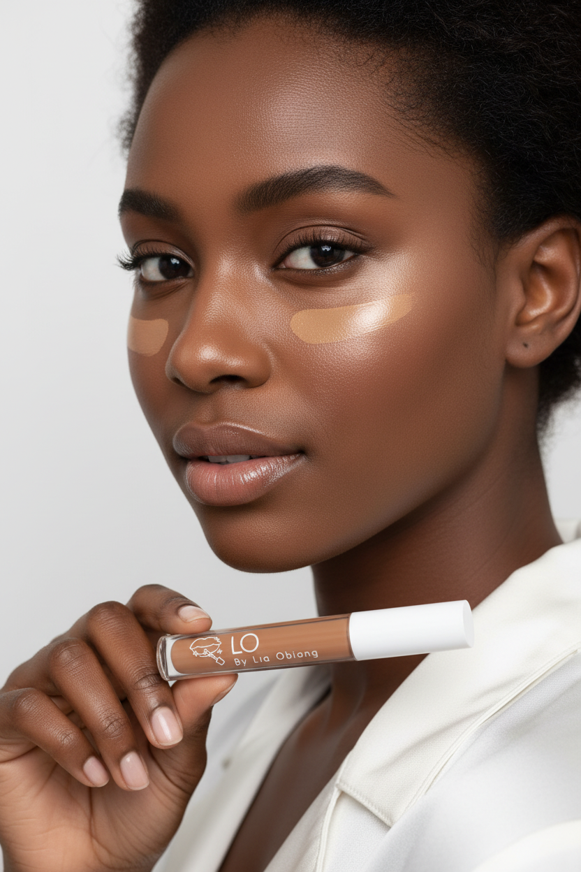 Mujer negra con corrector LO Cosmetics en mano